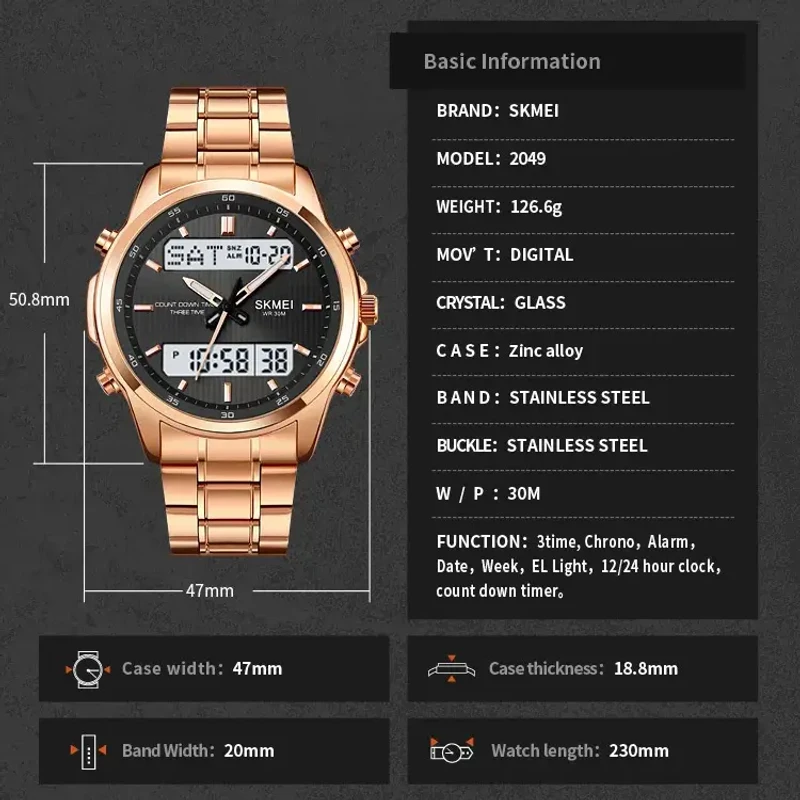 Original SKMEI 2049 Dual Time Multifunctional Man’s Watch Rose Gold - Image 3