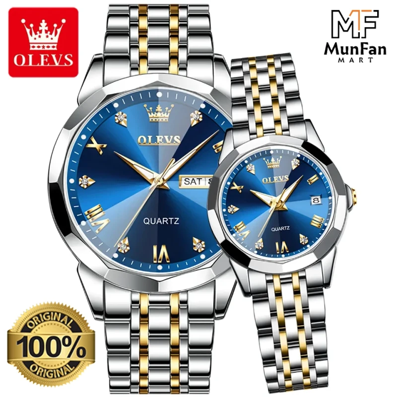 Original OLEVS 9931 Couple Watch Golden Blue - Image 4