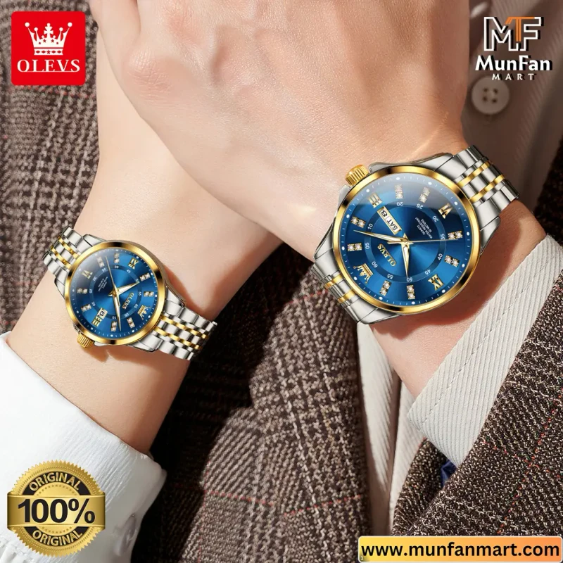 Original OLEVS 3620 Couple Watch Silver Blue - Image 3