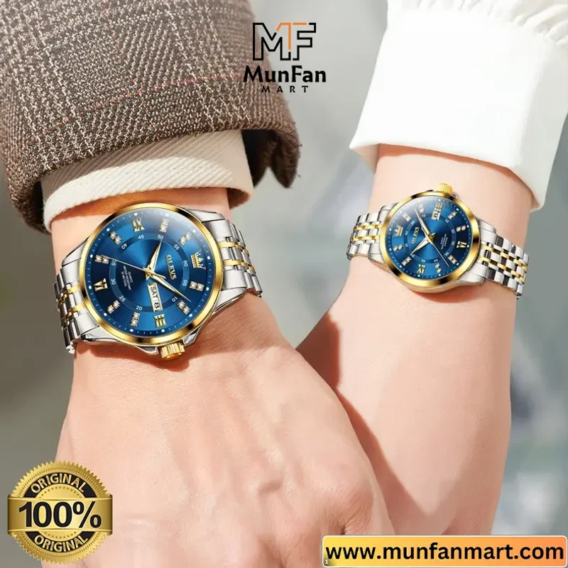 Original OLEVS 3620 Couple Watch Silver Blue - Image 4