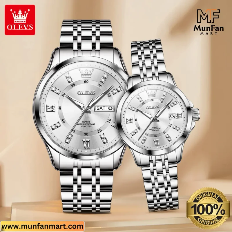 Original OLEVS 3620 Couple Watch Full Silver