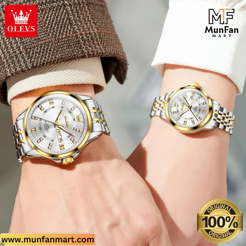 Original OLEVS 3620 Couple Watch Silver Golden - Image 4