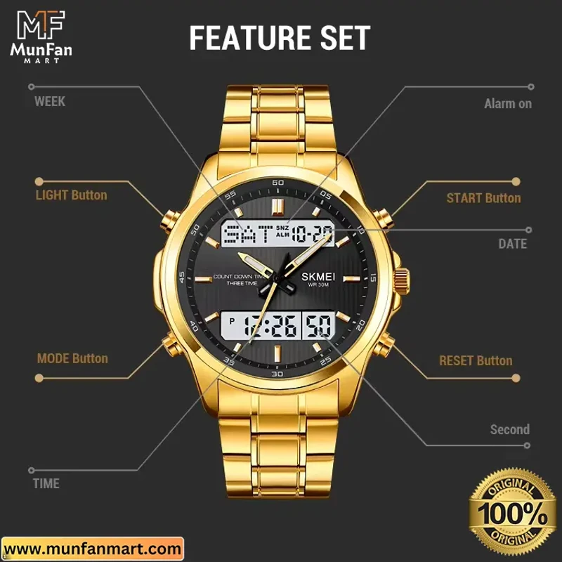 Original SKMEI 2049 Dual Time Multifunctional Man’s Watch Golden Black - Image 4