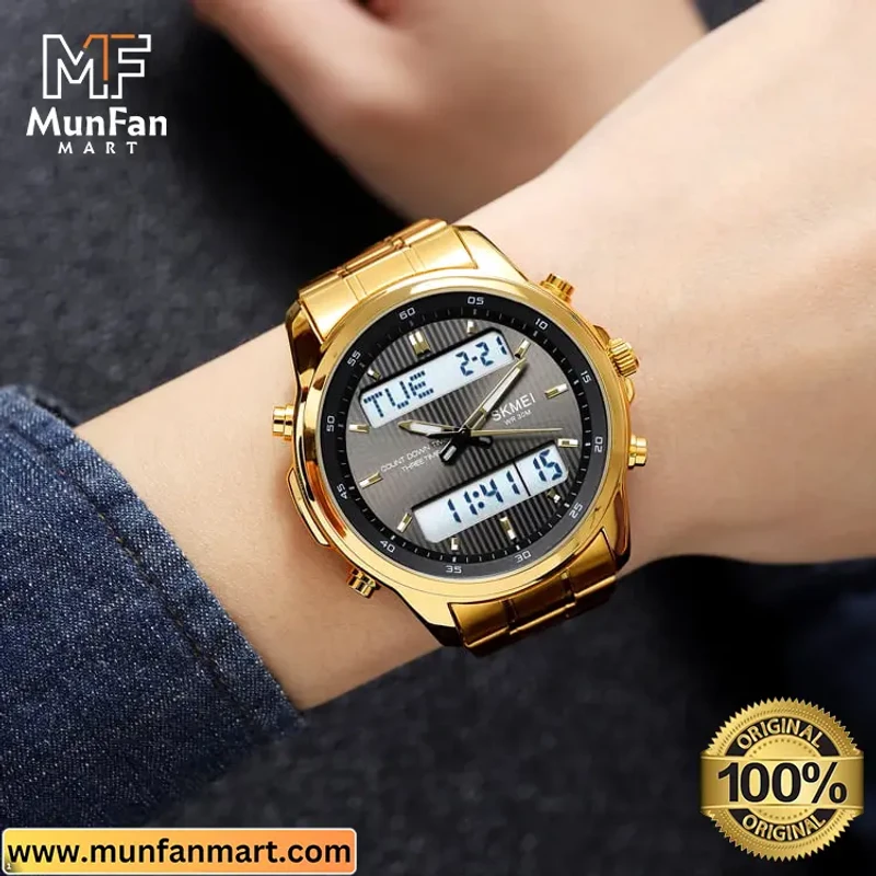 Original SKMEI 2049 Dual Time Multifunctional Man’s Watch Golden Black