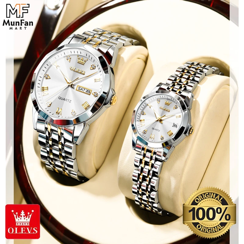 Original OLEVS 9931 Couple Watch Silver Golden