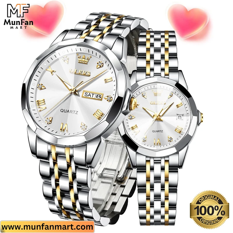 Original OLEVS 9931 Couple Watch Silver Golden - Image 5