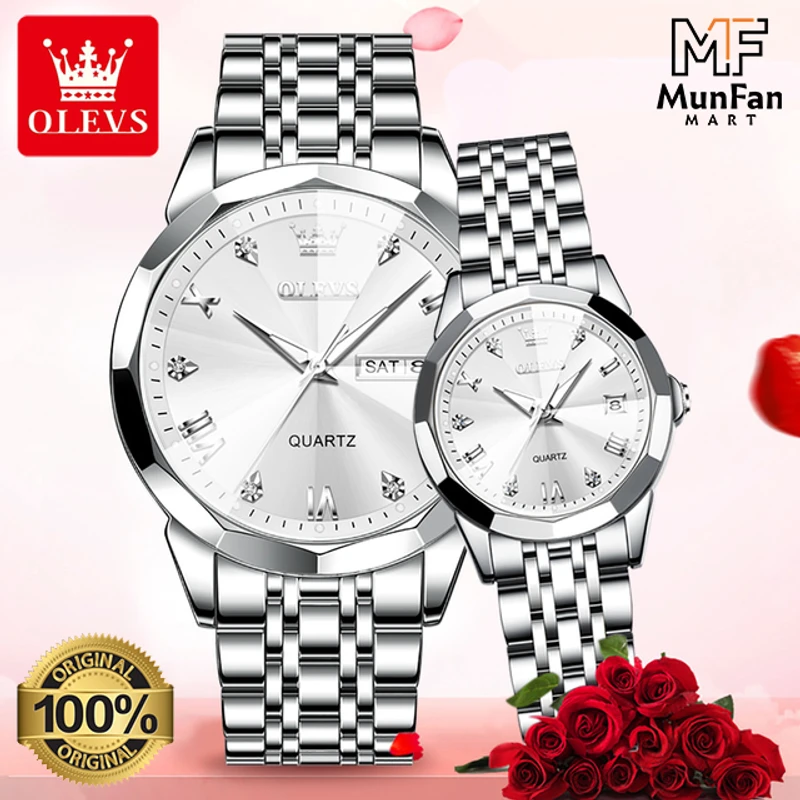 Original OLEVS 9931 Couple Watch Full Silver