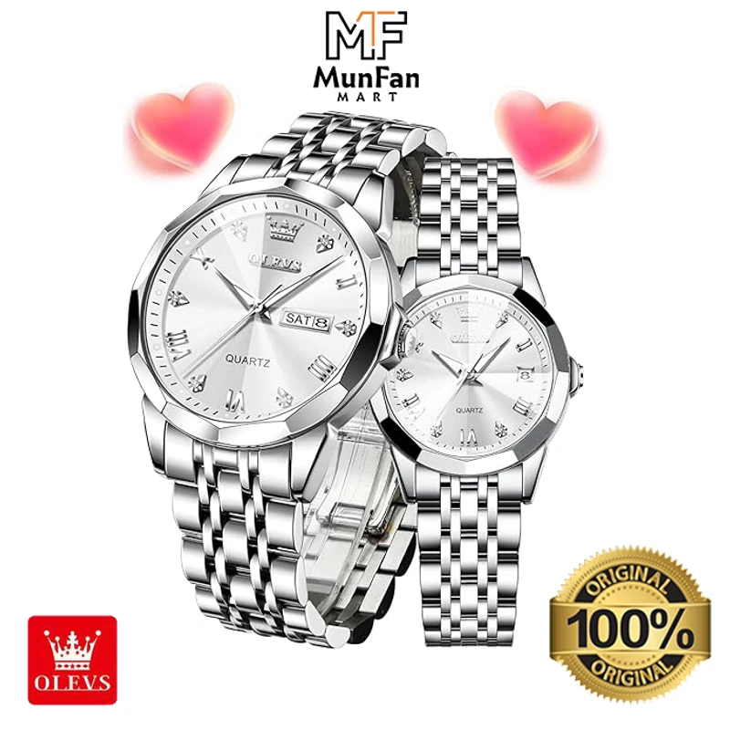 Original OLEVS 9931 Couple Watch Full Silver - Image 4